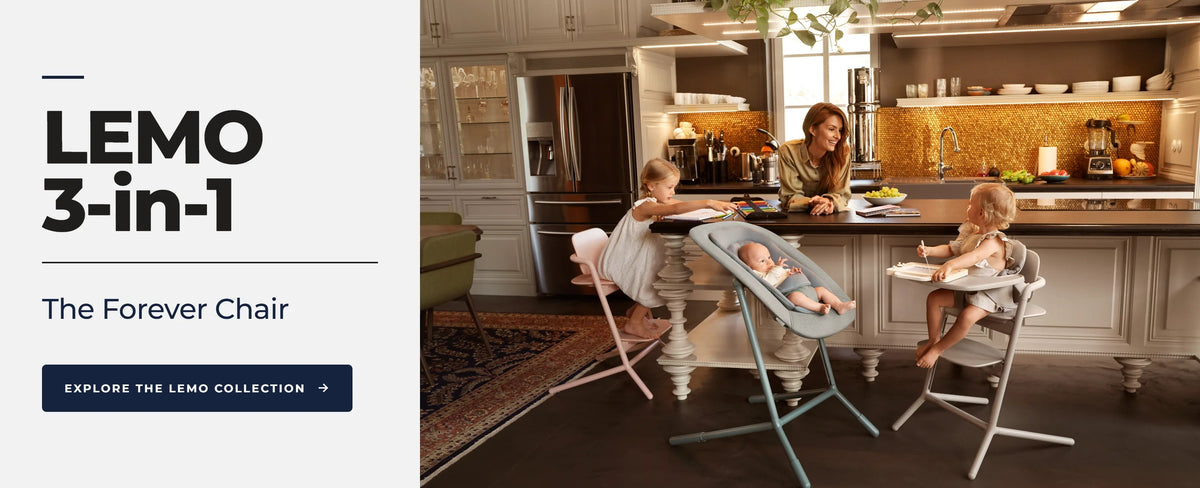 A promotional banner for the LEMO 3-in-1 chair, distributed in Australia by Partners in Prime. Official Australian Distributor of CYBEX.