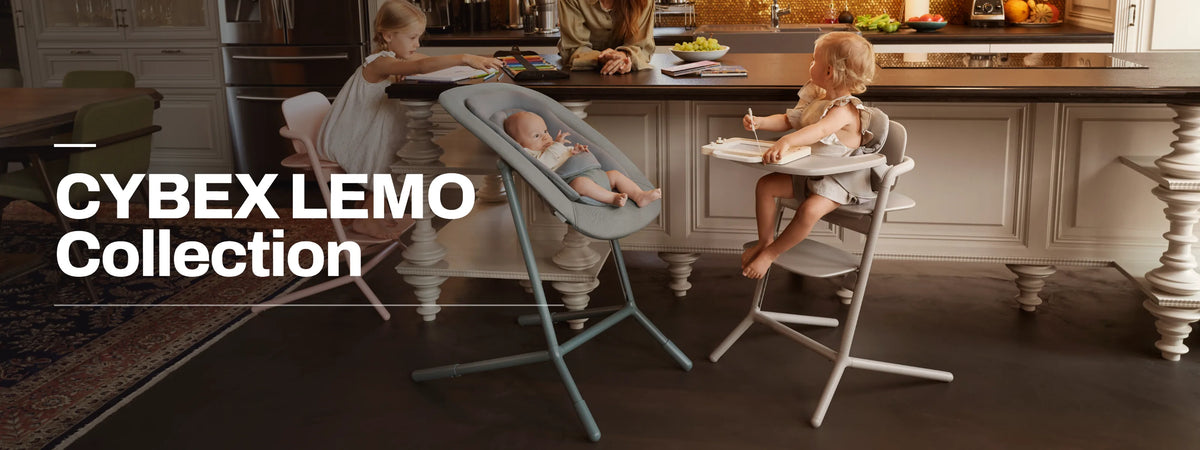 Two Cybex Lemo baby products shown in a real kitchen setting: a baby in a light blue high chair and a baby in a gray rocking seat, with a woman and toddler standing at the kitchen island. Large text on the left reads 'CYBEX LEMO Collection'.