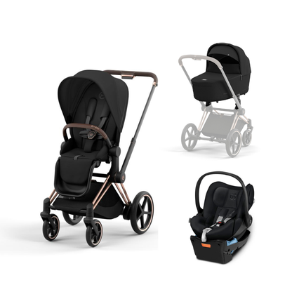 Black stroller with rose gold accents and car seat on a white background