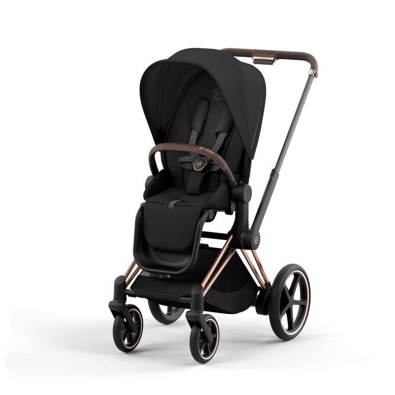 Black stroller with rose gold accents on a white background