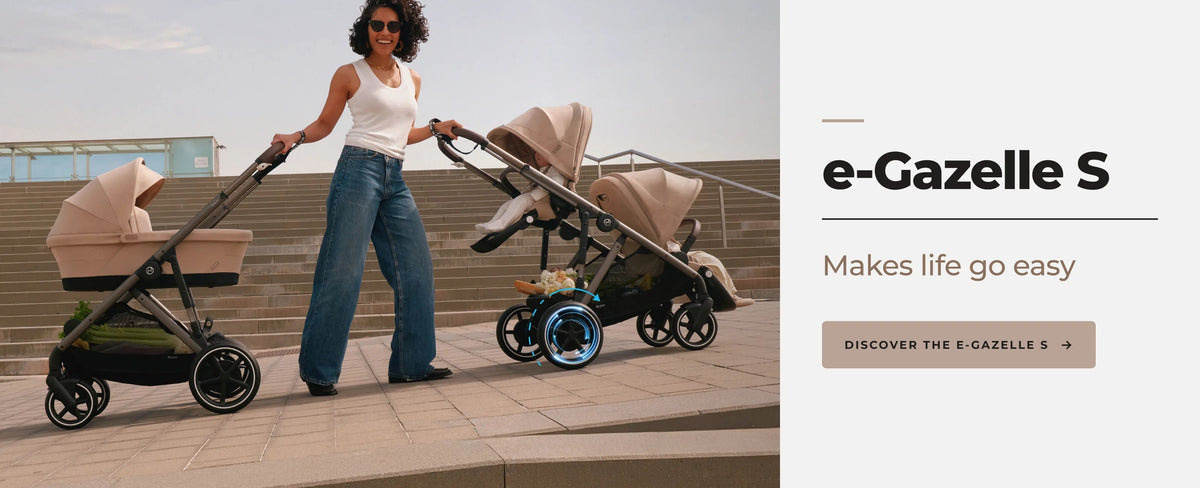 A promotional banner for the CYBEX e-Gazelle S Pram, distributed in Australia by Partners in Prime. Official Australian Distributor of CYBEX.